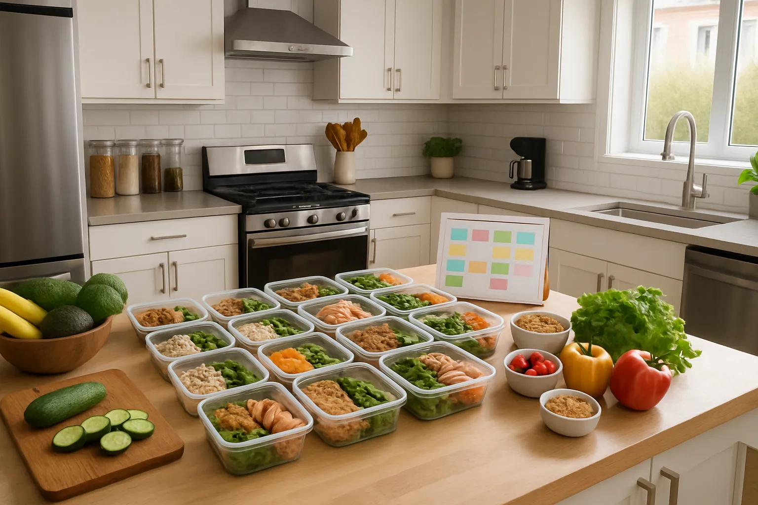 Ambiente de Vida Saudável com Carb Cycling Cozinha moderna organizada com meal prep e planejamento alimentar para estratégia de carb cycling