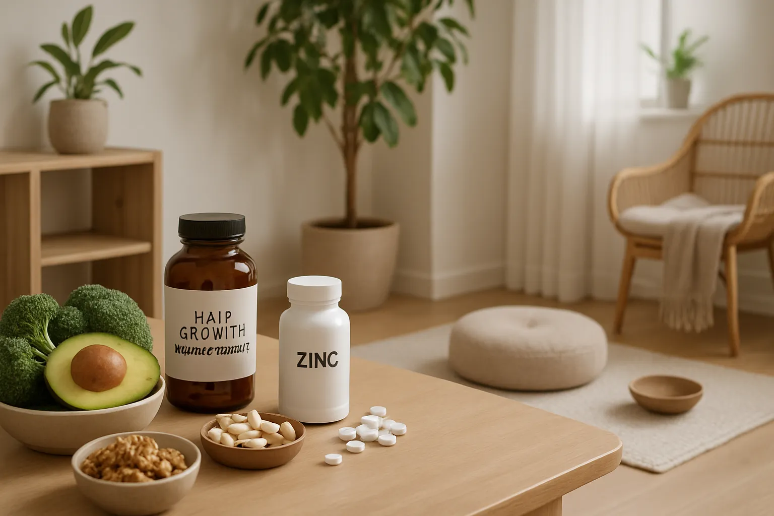 Estilo de Vida Saudável Para Crescimento Capilar Ambiente wellness com suplementos, alimentos nutritivos e espaço para meditação, representando estilo de vida anti-alopecia