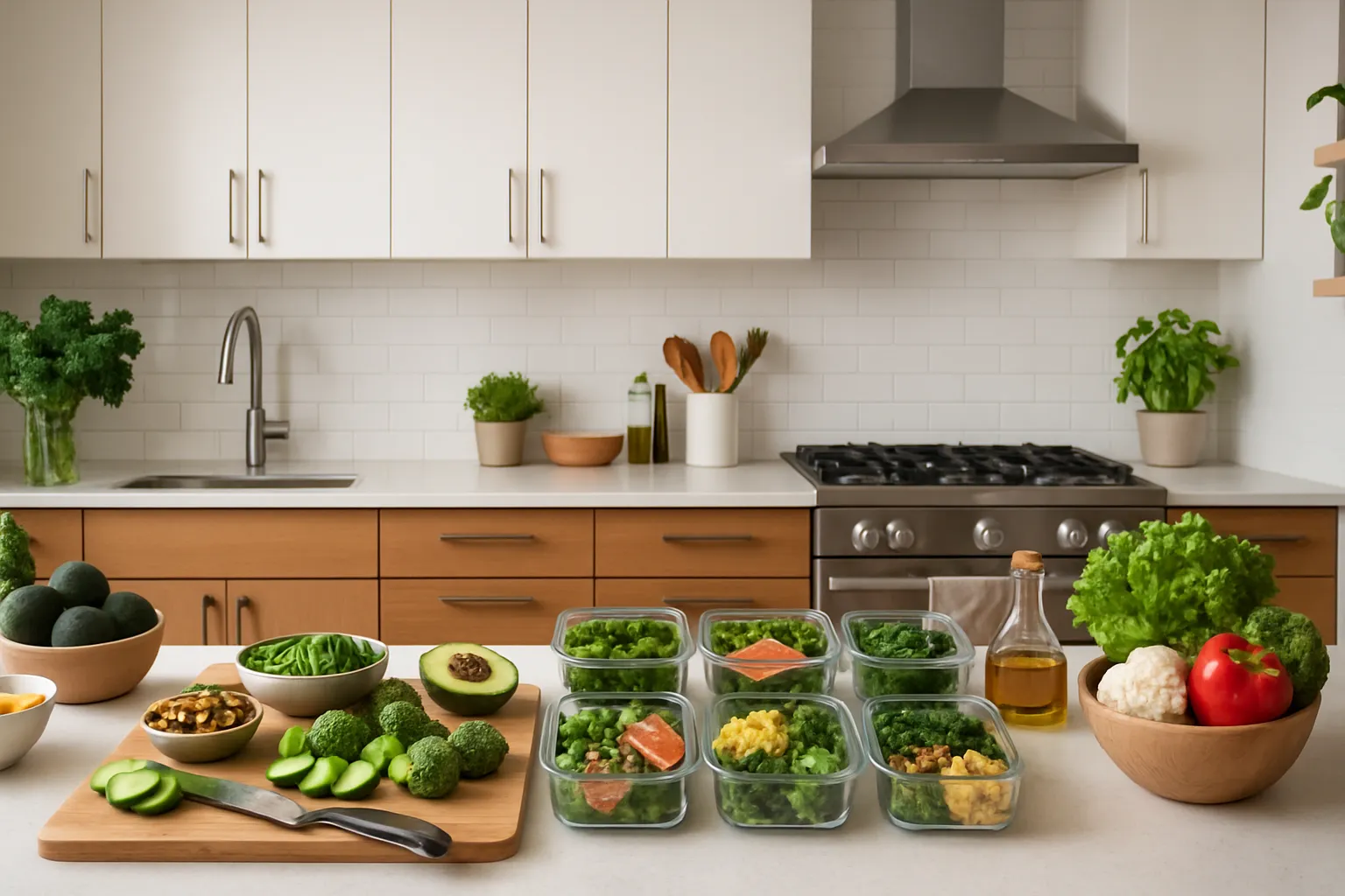 Estilo de Vida Integrativo para Diabetes Cozinha moderna organizada com ingredientes frescos e setup para alimentação cetogênica, representando estilo de vida saudável para diabetes tipo 1