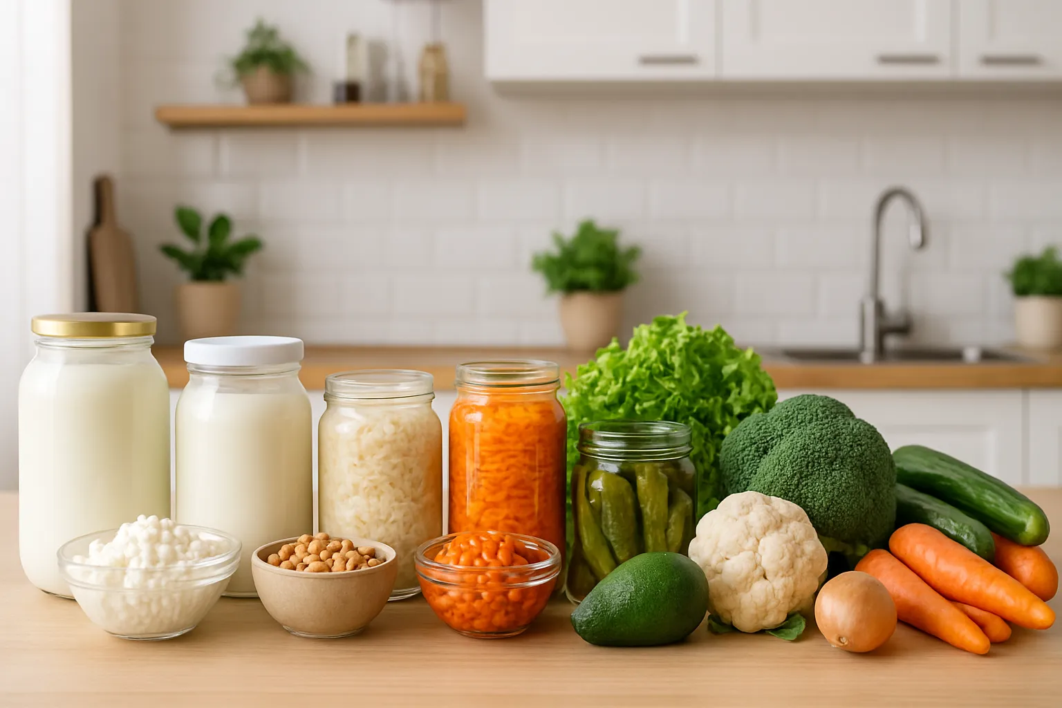 Ambiente de Vida Saudável e Microbiota Equilibrada Cozinha organizada com alimentos fermentados, kefir, vegetais prebióticos e ambiente que promove saúde intestinal e emagrecimento natural