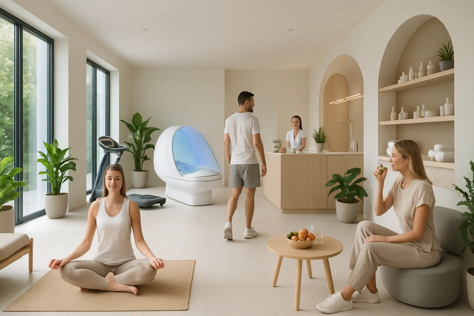 Ambiente moderno de wellness com elementos de vida saudável e longevidade, espaço aspiracional para regeneração corporal