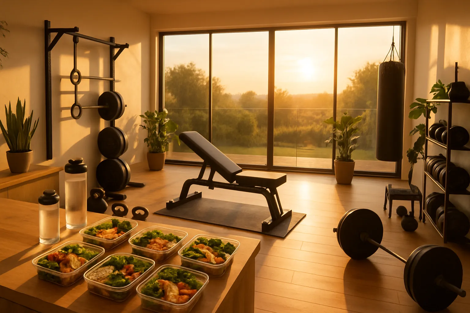 Academia doméstica organizada ao amanhecer com equipamentos de treino, representando estilo de vida otimizado para saúde hormonal