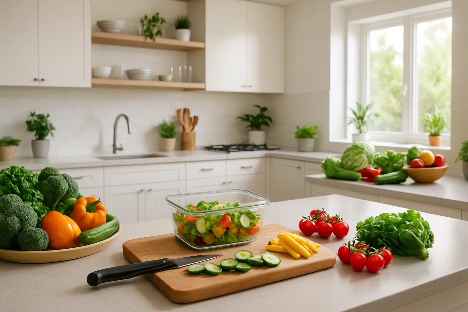 Estilo de Vida Saudável – Ambiente de Transformação e Bem-estar Cozinha moderna organizada com ingredientes frescos e estação de preparo de refeições, representando estilo de vida saudável e transformação alimentar