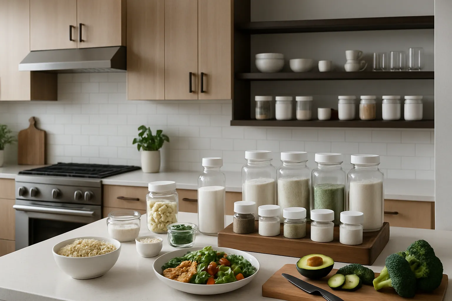 Estilo de Vida com Suplementação Inteligente Ambiente organizado de casa com estação de suplementos personalizados, cozinha saudável e espaço de bem-estar moderno