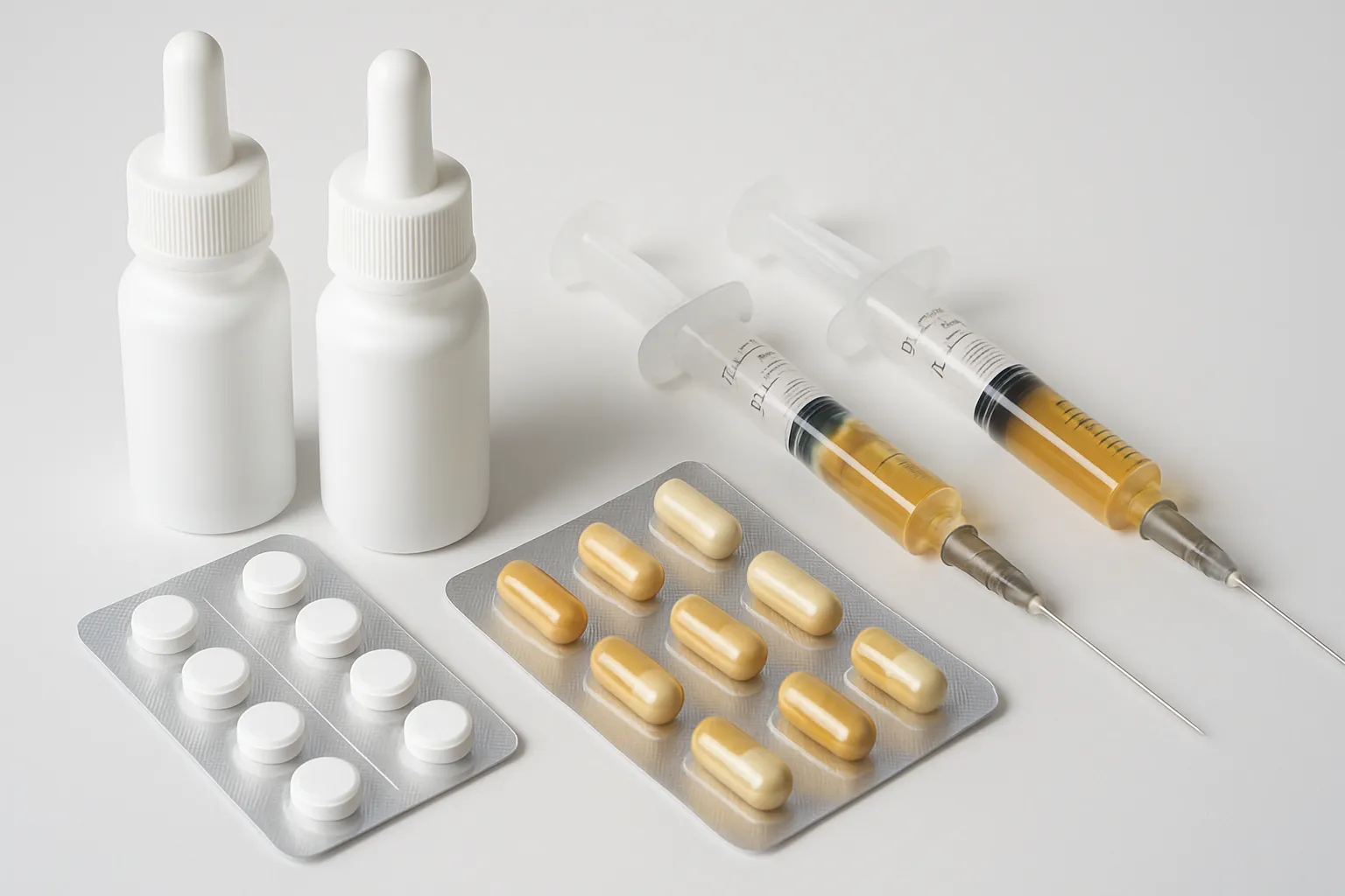 Medicamentos e Tratamentos Avançados para Alopecia Frascos de minoxidil, finasterida e outros medicamentos capilares dispostos cientificamente com seringas para PRP