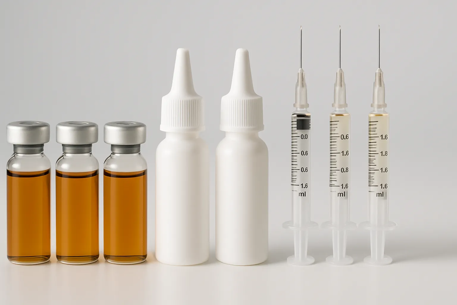 Frascos de dutasterida, minoxidil e exossomos organizados cientificamente com seringas de PRP em apresentação clínica profissional