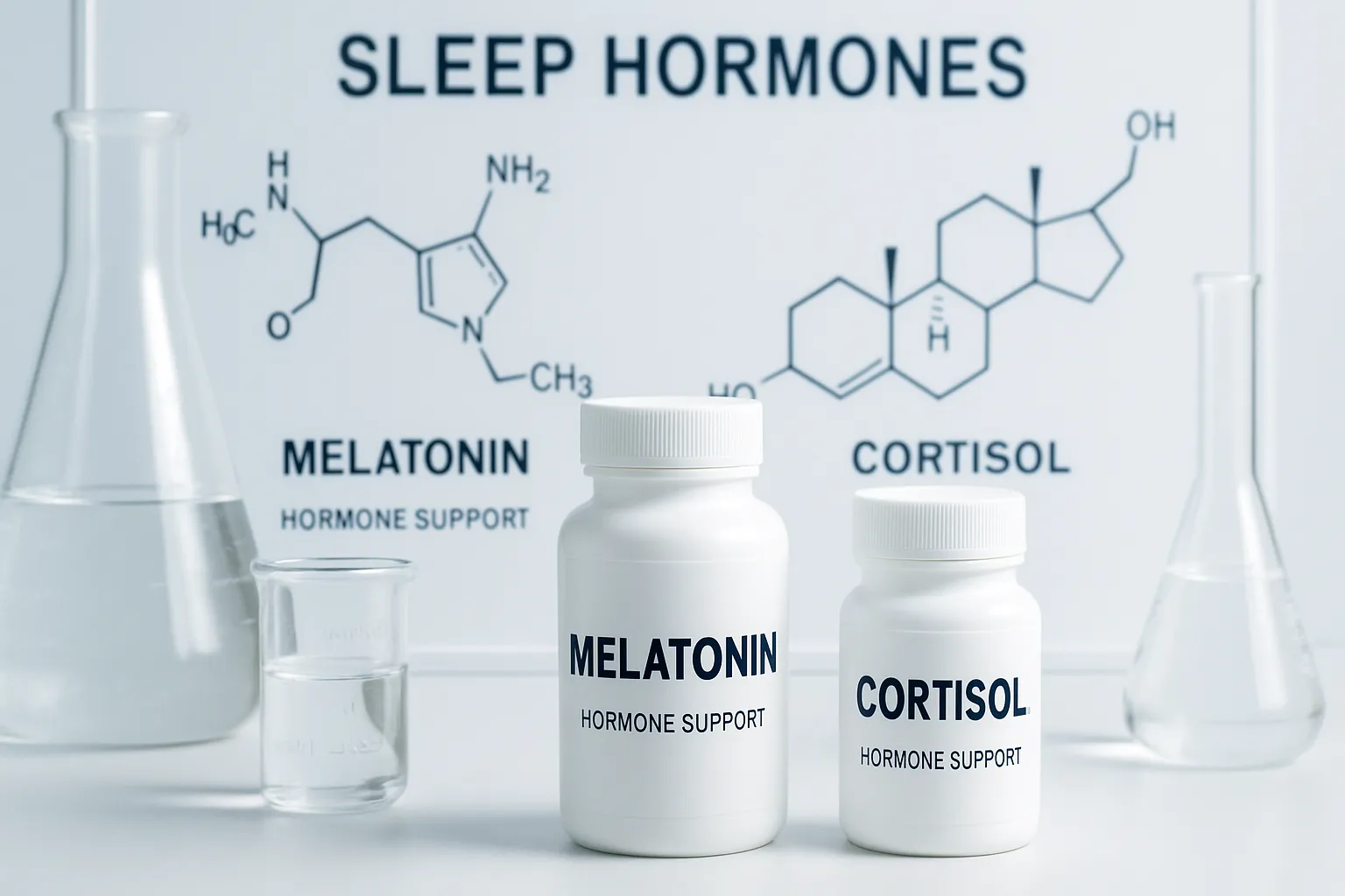 Melatonina e Cortisol – Estrutura Molecular Representação científica das moléculas de melatonina e cortisol com suplementos hormonais em ambiente laboratorial