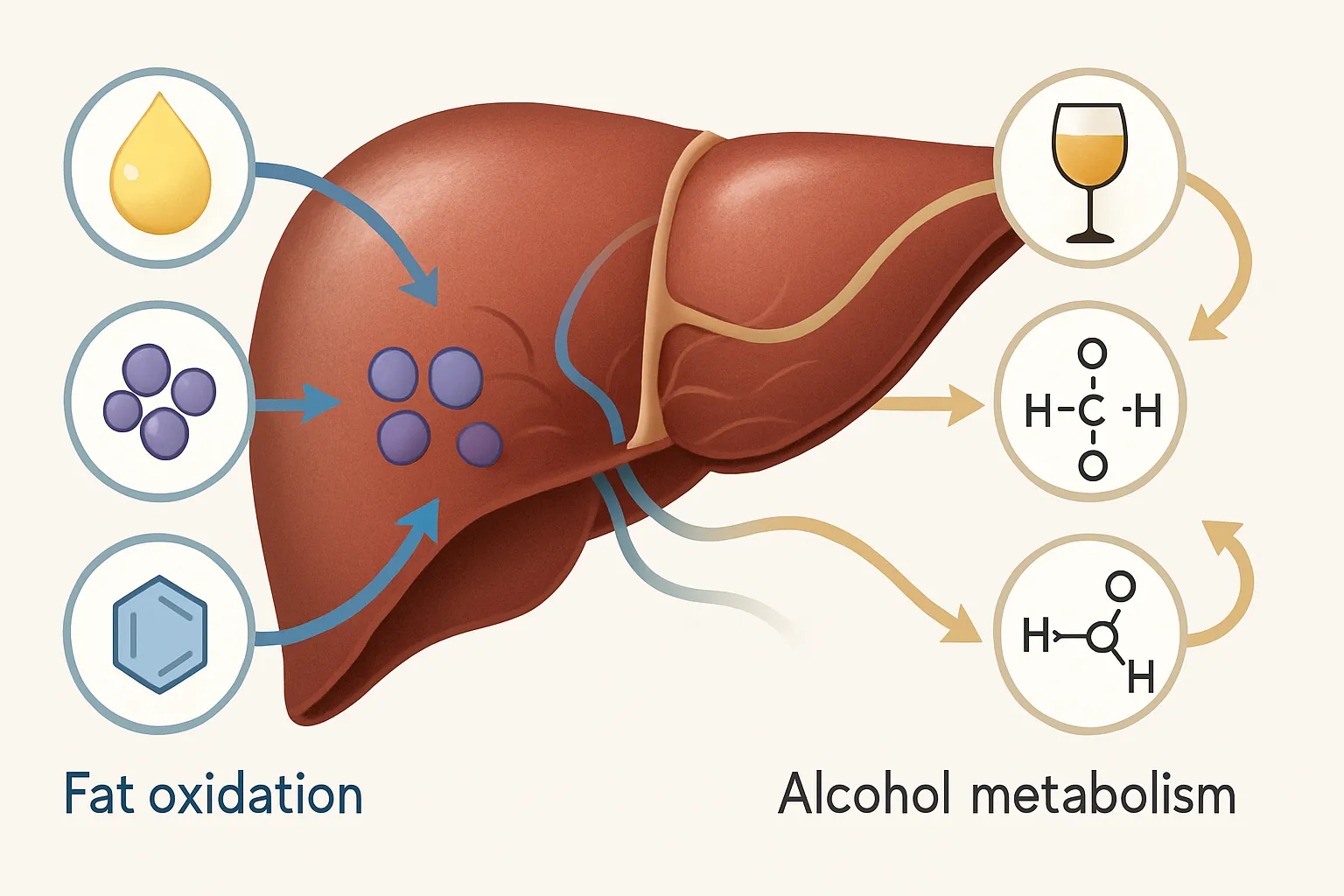 Representação científica do fígado e processos metabólicos, mostrando vias bioquímicas de metabolização do álcool