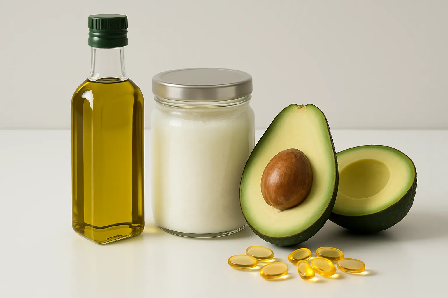 Óleos e Gorduras Boas para Emagrecimento Composição científica com azeite extra virgem, óleo de coco, abacate e cápsulas de ômega 3 em apresentação técnica