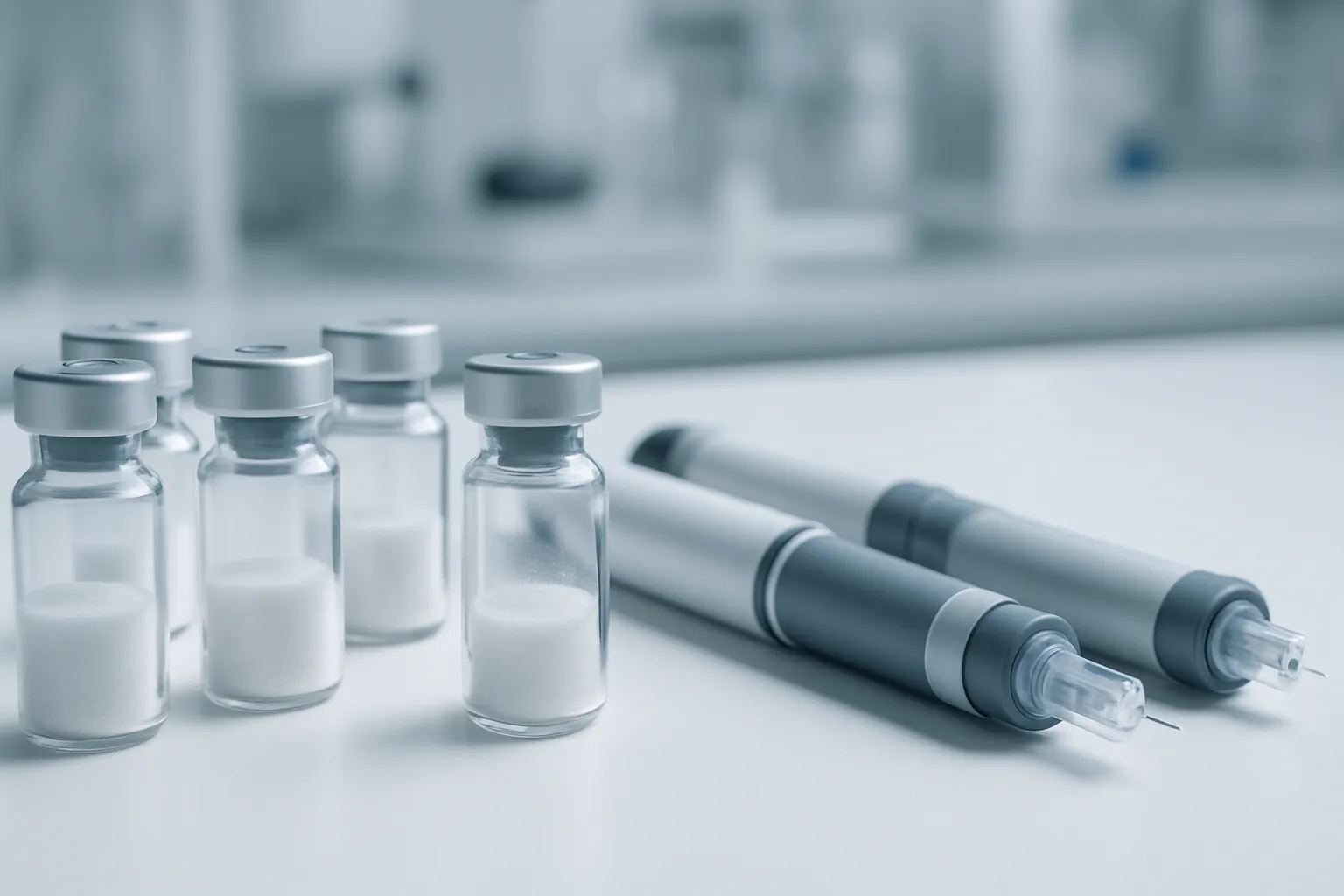 Frascos de peptídeos hormonais, seringas de precisão e equipamentos médicos especializados em bancada de laboratório