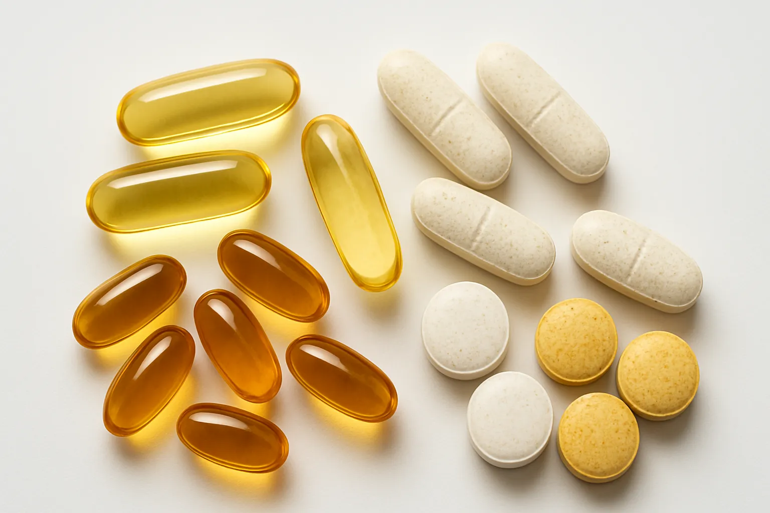 Cápsulas e comprimidos de polivitamínicos dispostos cientificamente com vitaminas individuais, mostrando variedade de suplementos nutricionais