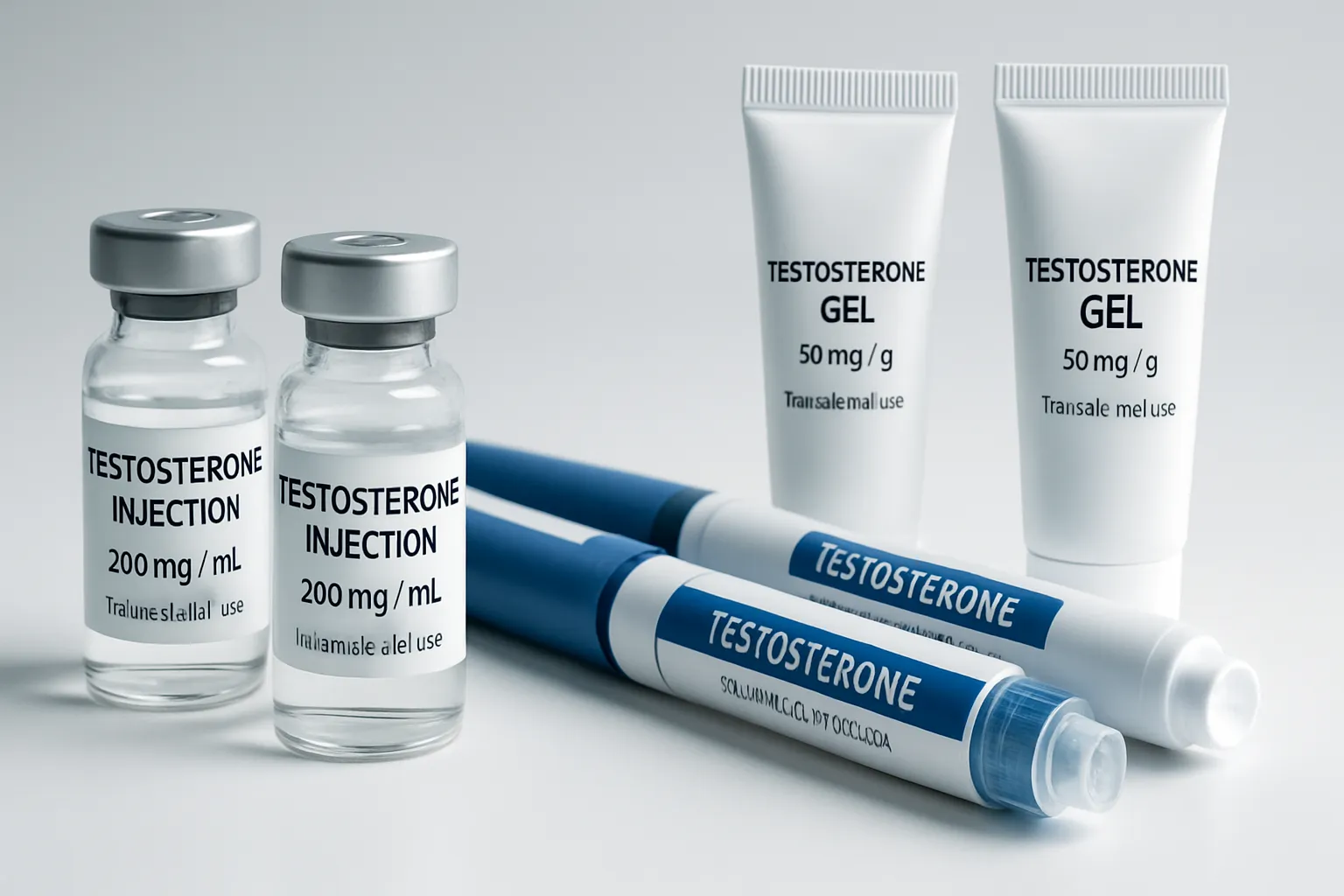 Testosterona – Tratamento Hormonal Masculino Produtos para reposição de testosterona incluindo géis, injeções e medicamentos hormonais apresentados de forma científica e profissional