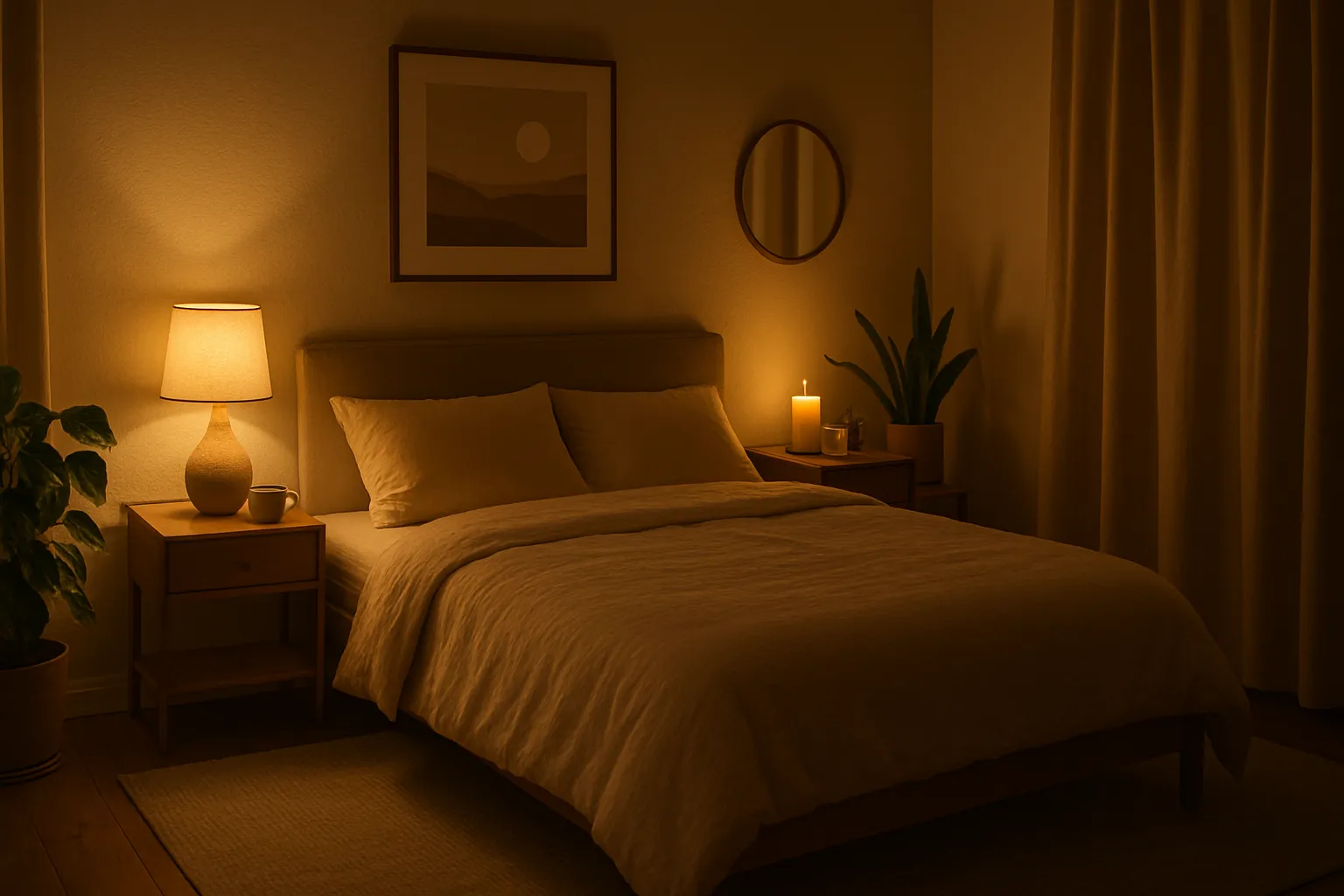 Quarto Otimizado para Sono Reparador Quarto com ambiente otimizado para sono reparador, iluminação adequada e temperatura controlada para equilíbrio hormonal