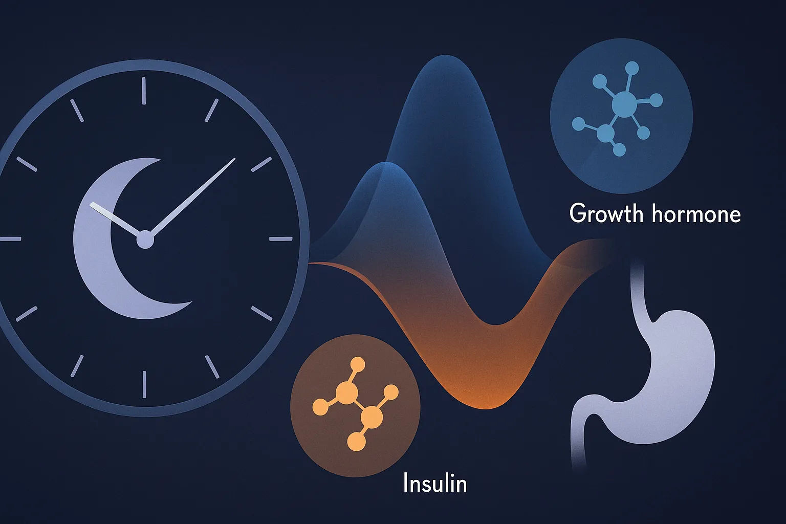 Relógio Biológico e Metabolismo: Ciência do Jejum Noturno Representação científica do metabolismo noturno com relógio circadiano e processos de queima de gordura