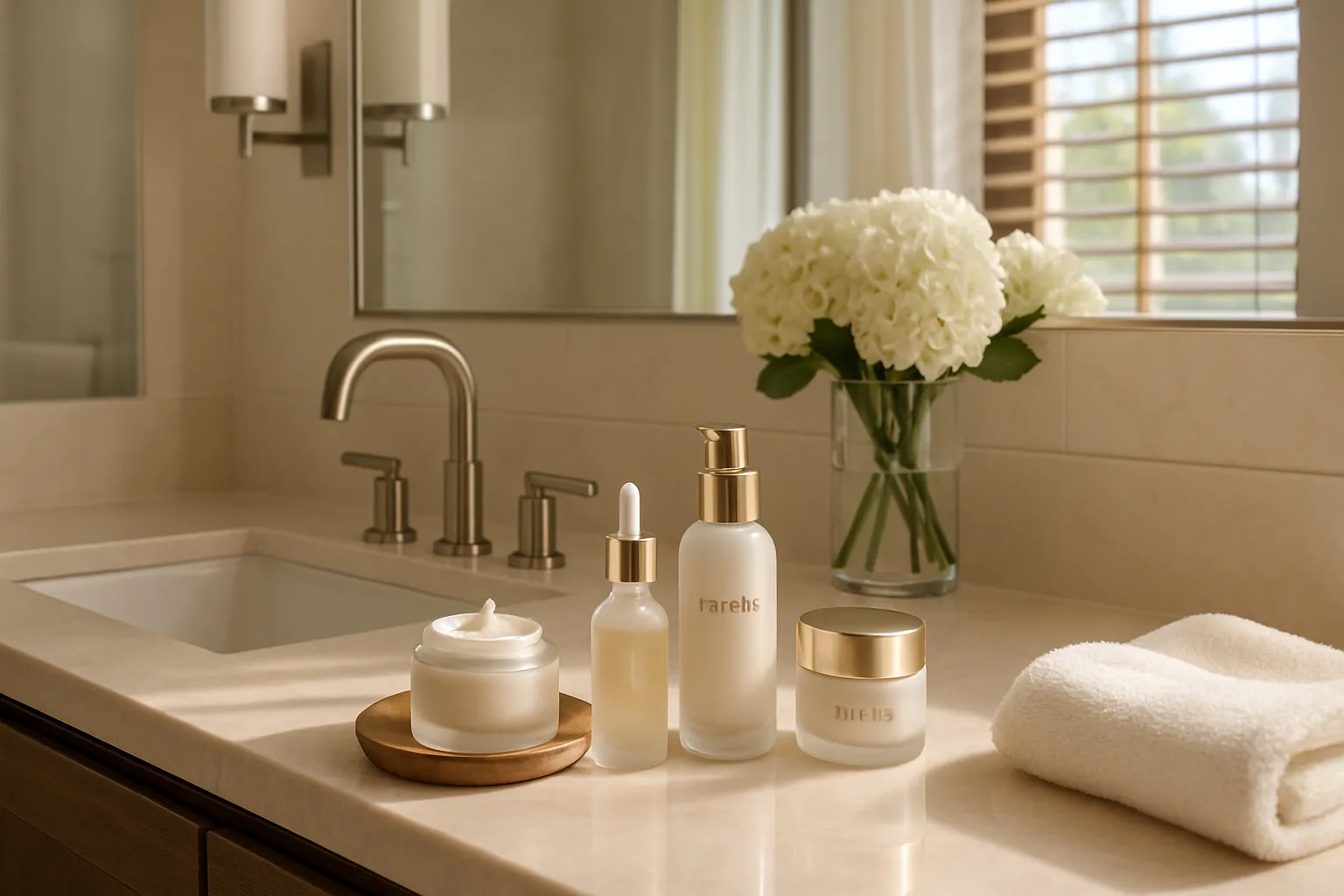 Rotina de Cuidados: Ambiente de Bem-Estar e Autocuidado Ambiente elegante de banheiro com produtos de peptídeos organizados para rotina de cuidados com a pele