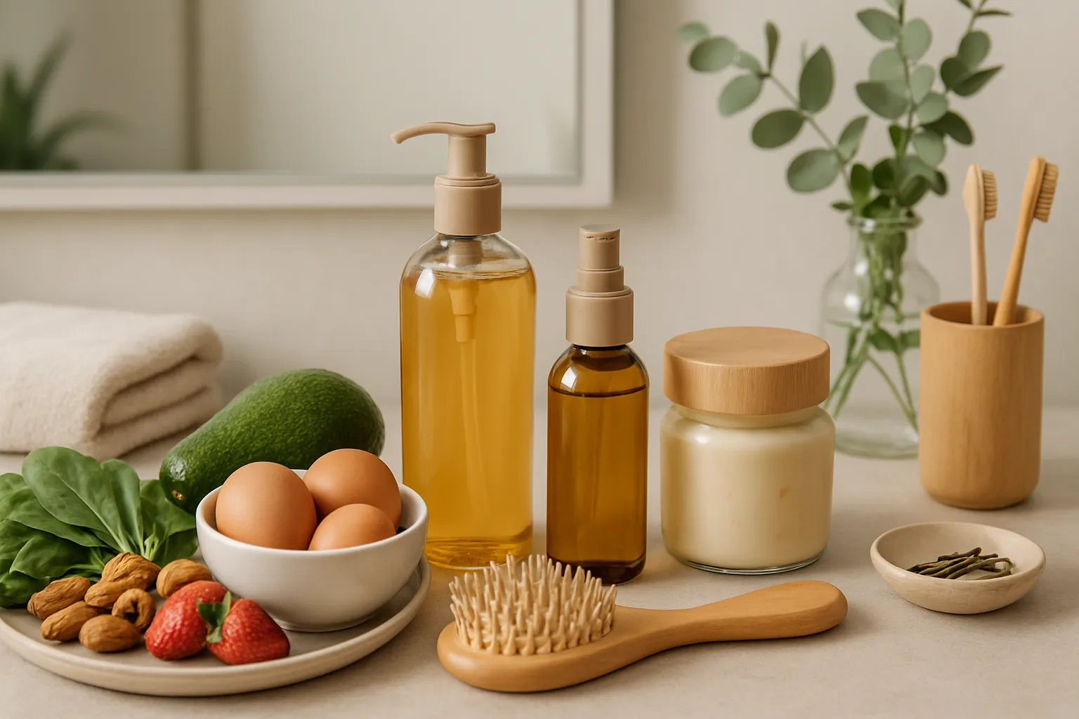 Rotina de Cuidados Capilares – Ambiente de Bem-estar Ambiente organizado com produtos naturais para cuidados capilares, espelho e elementos de autocuidado representando estilo de vida saudável