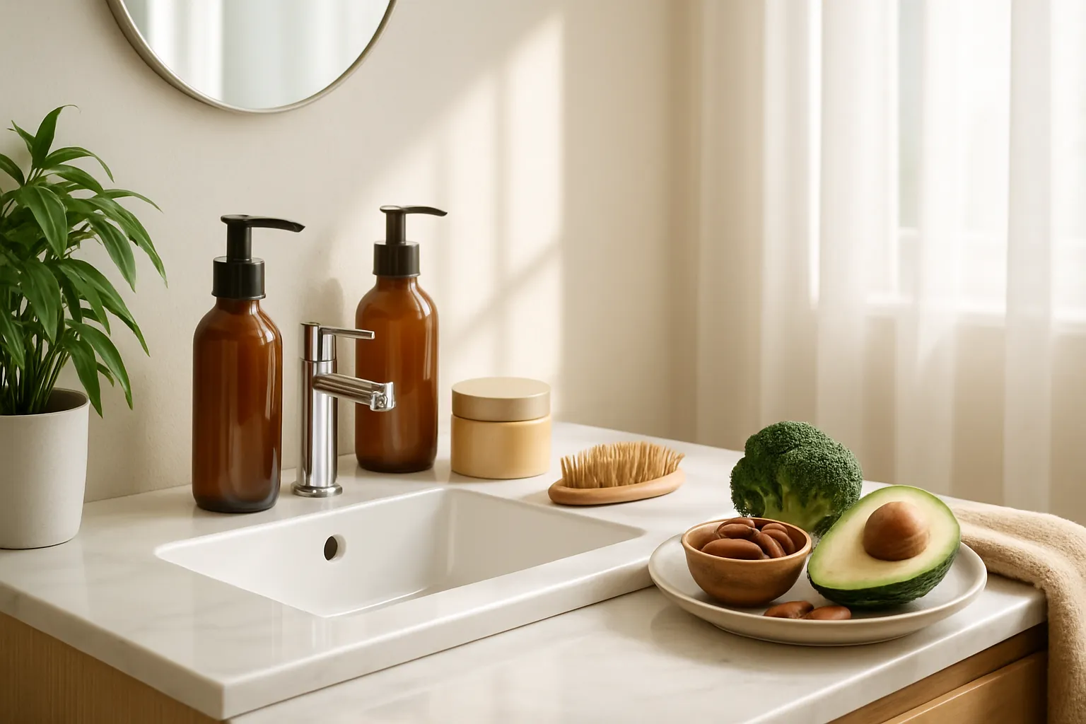 Ambiente de banheiro moderno com produtos naturais para cuidados capilares e alimentação saudável