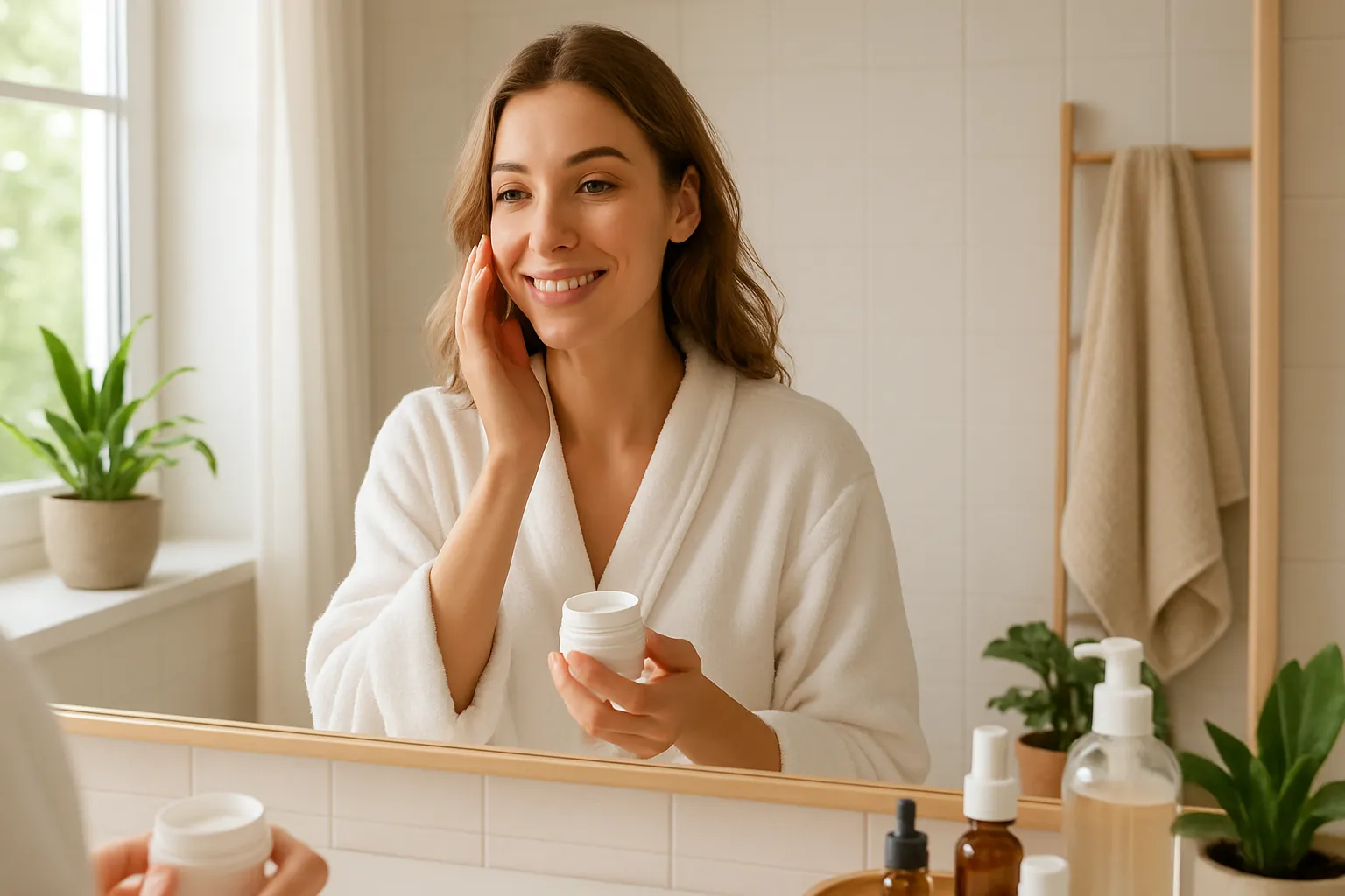 Rotina de Cuidados com a Pele em Casa Mulher aplicando produtos com vitamina E em sua rotina matinal de cuidados com a pele no banheiro