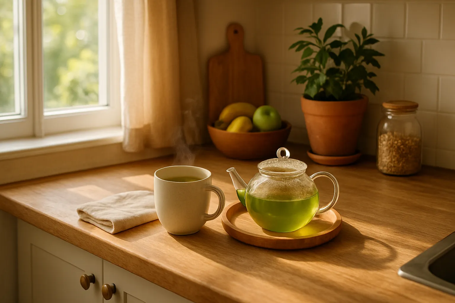 Rotina Wellness com Chá Verde Ambiente acolhedor de cozinha com setup para preparo de chá verde como parte da rotina matinal saudável