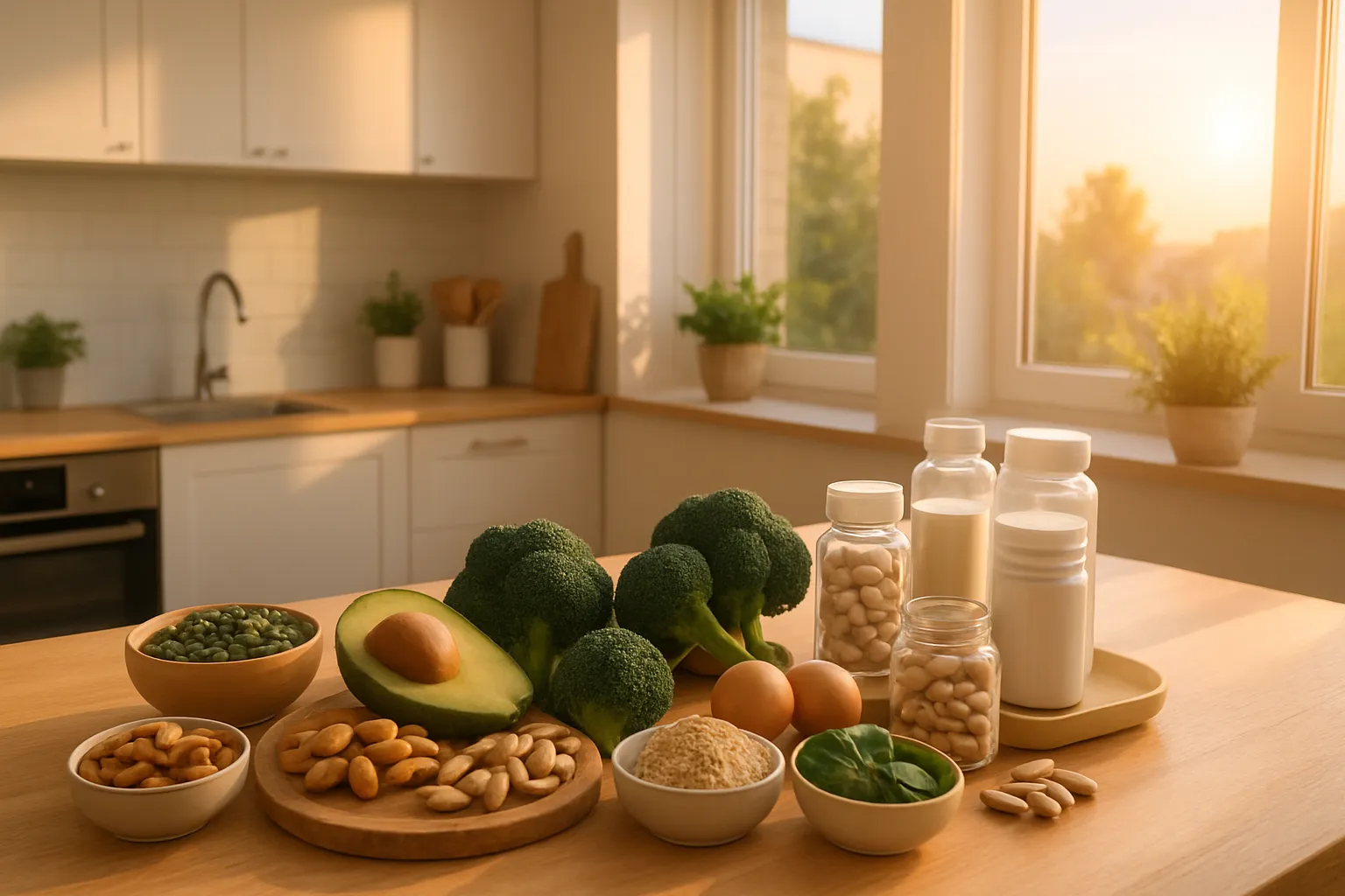 Rotina Matinal Otimizada para Máxima Absorção Cozinha moderna iluminada pela manhã com ingredientes ricos em magnésio, suplementos organizados e ambiente de bem-estar nutricional