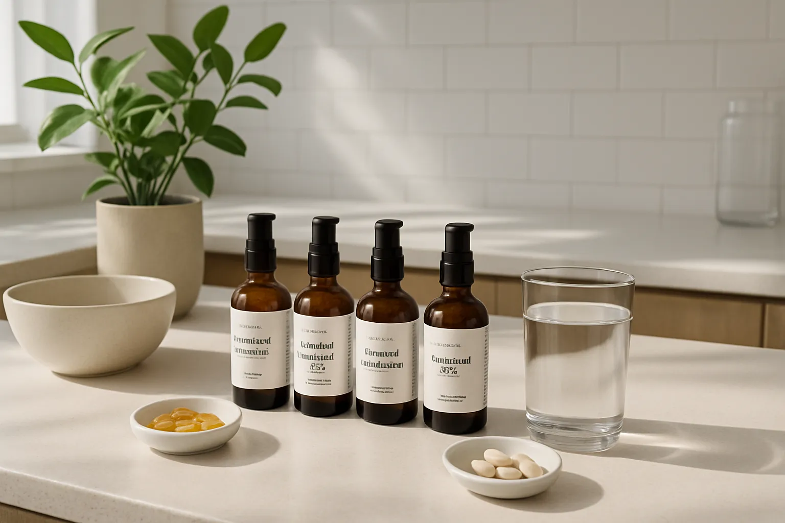 Bancada organizada com vitaminas lipossomais, água filtrada e ambiente clean para suplementação matinal