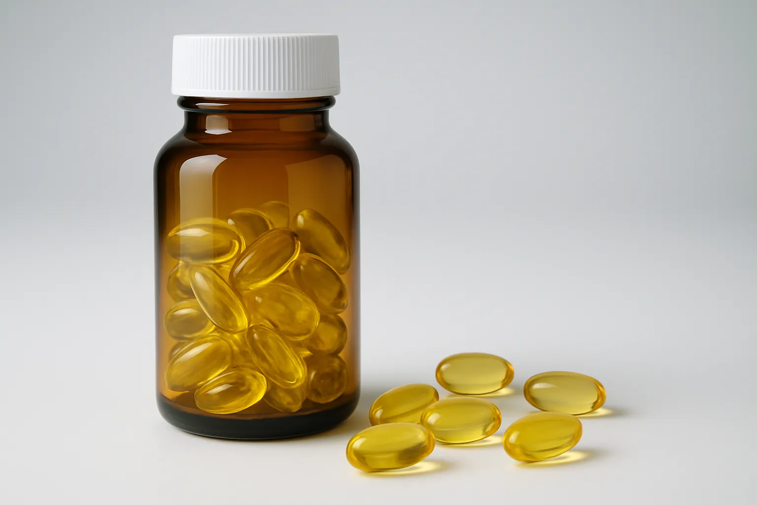 Frasco de suplemento de vitamina D com cápsulas em apresentação científica e técnica para longevidade