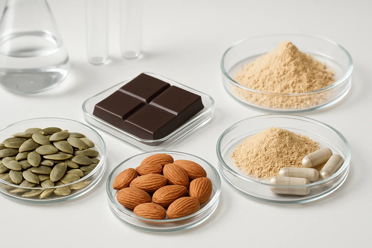 Suplementos e Alimentos para Libido Arranjo científico com suplementos naturais, sementes de abóbora, nozes, cacau e vitaminas específicas para aumentar libido naturalmente