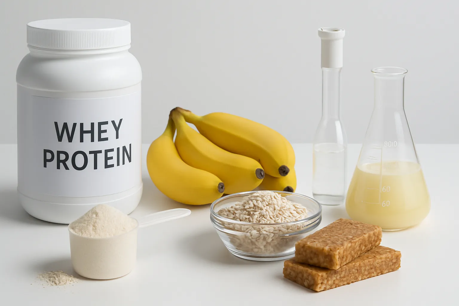 Suplementos e Alimentos Pré-Treino: Arsenal Científico da Performance Arranjo científico de suplementos esportivos, whey protein, frutas e alimentos pré-treino organizados profissionalmente para máxima performance