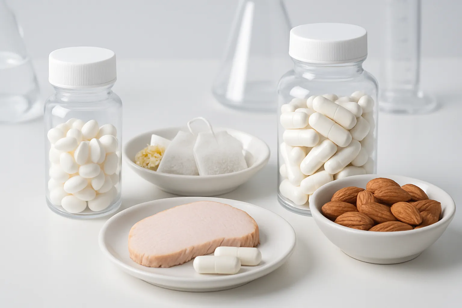 Arranjo científico de suplementos para insônia, alimentos ricos em triptofano, magnésio e produtos naturais para sono profundo