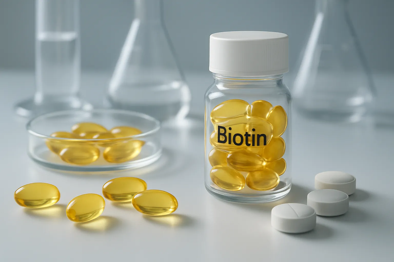 Suplementos de Biotina e Vitamina B7 – Apresentação Científica Cápsulas de biotina e vitamina B7 em apresentação científica com elementos laboratoriais, mostrando a suplementação para saúde capilar