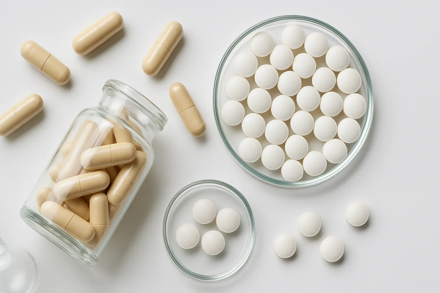 Cápsulas de biotina e alimentos ricos em vitamina H dispostos cientificamente sobre superfície limpa