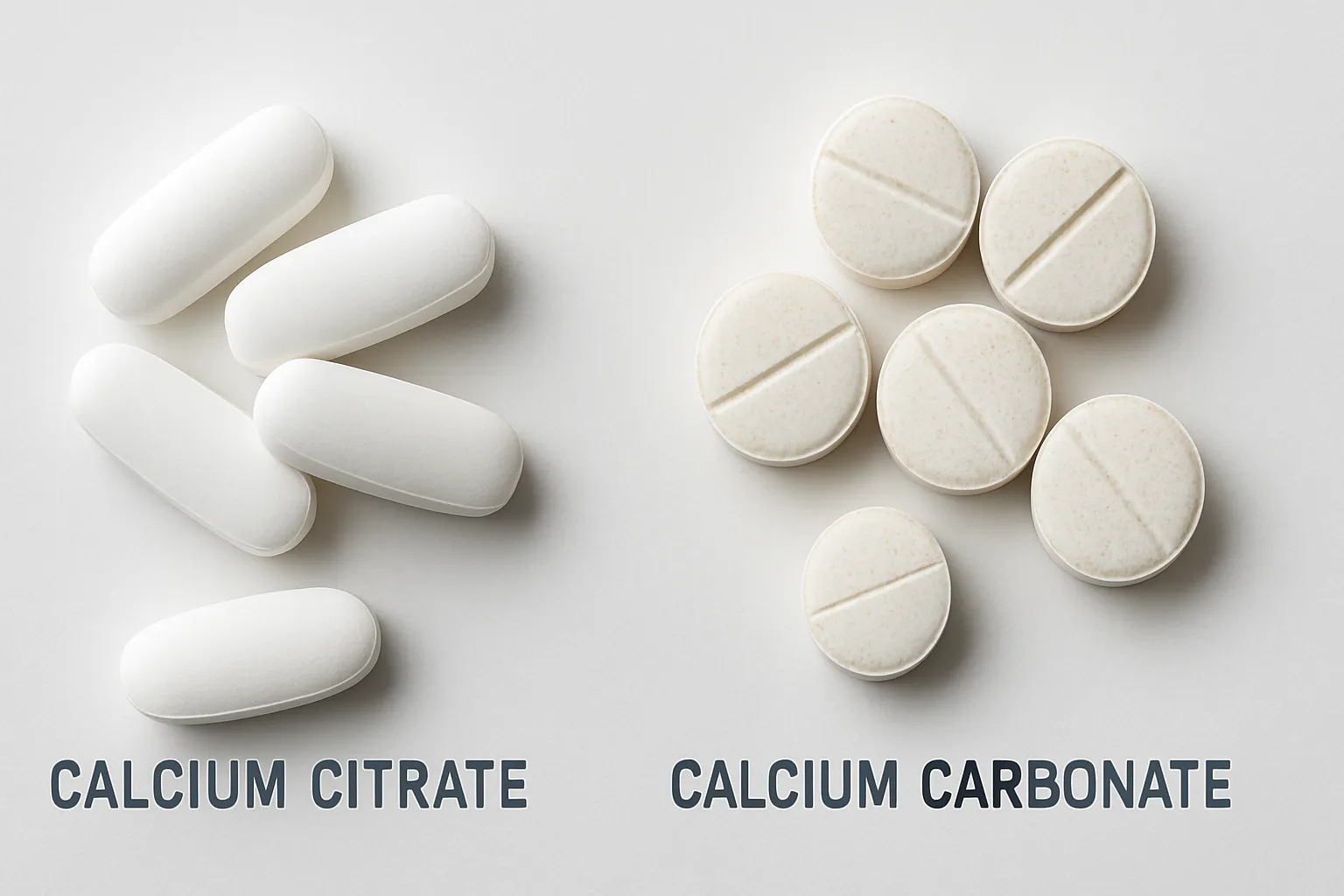 Suplementos de Cálcio e Produtos para Saúde Óssea Diferentes tipos de suplementos de cálcio, citrato e carbonato, com cápsulas e comprimidos em apresentação científica