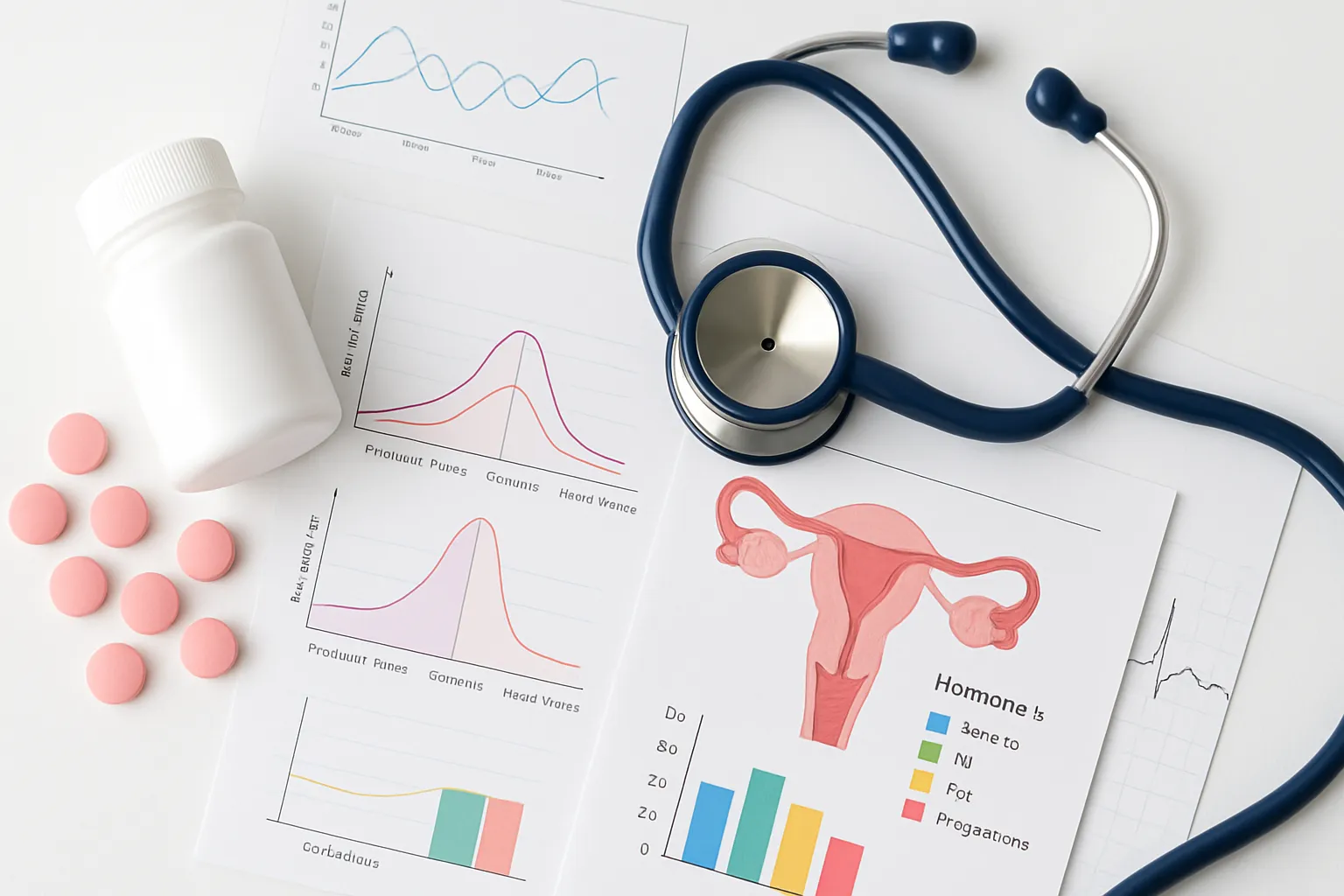 Suplementos Hormonais e Gráficos Médicos para SOP Suplementos hormonais e gráficos médicos organizados sobre superfície branca para tratamento de SOP