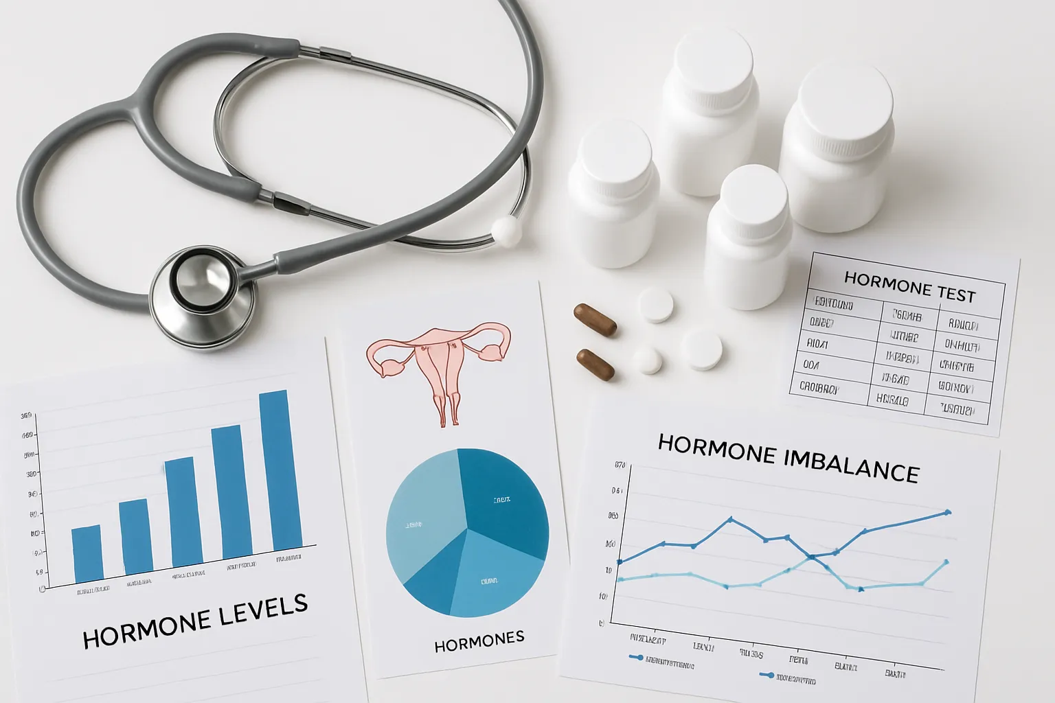 Suplementos hormonais e gráficos médicos organizados sobre superfície branca para tratamento da prolactina alta