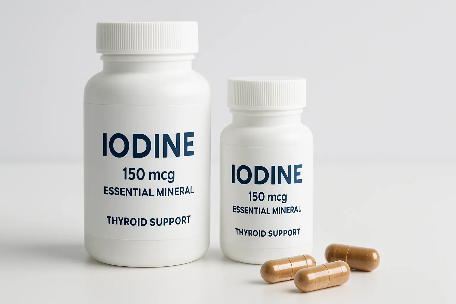 Frascos de suplementos de iodo e minerais essenciais para saúde da tireoide