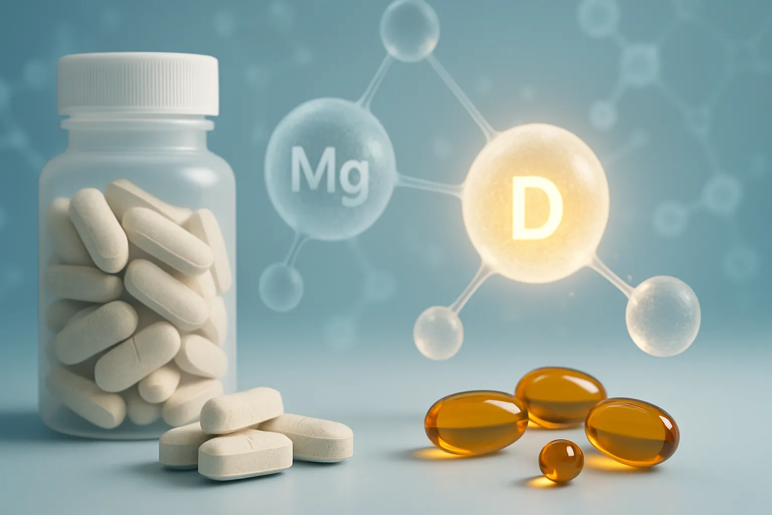 Sinergia Científica: Magnésio e Vitamina D em Ação Cápsulas de magnésio e vitamina D dispostas cientificamente com elementos visuais representando absorção e metabolismo celular