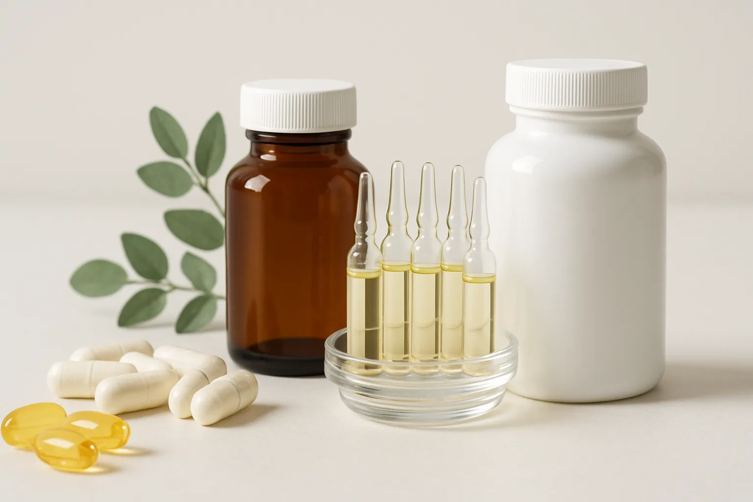 Suplementos Naturais para Tratamento da Fibromialgia Arranjo científico de suplementos naturais incluindo magnésio, coenzima Q10, ômega 3 e vitaminas para tratamento integrativo da fibromialgia