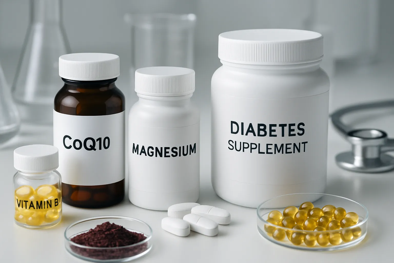 Suplementos e Nutrição Terapêutica para Diabetes Arranjo científico de suplementos, vitaminas e elementos de nutrição terapêutica para tratamento integrativo do diabetes tipo 1