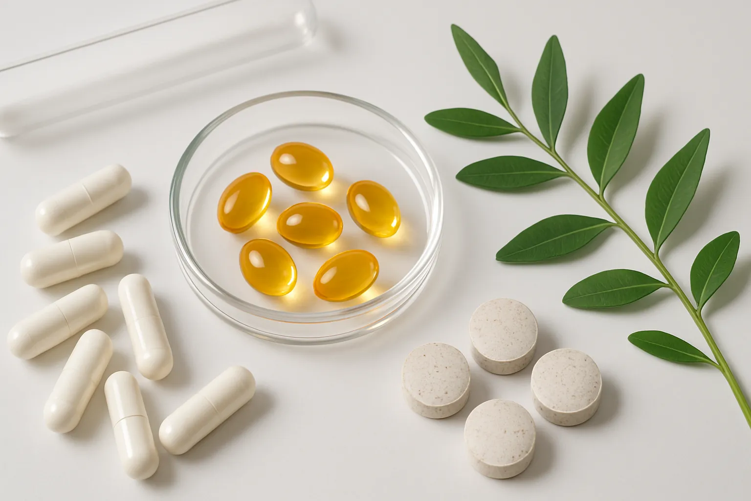 Arranjo científico de suplementos para energia, aminoácidos, coenzima Q10 e adaptógenos em apresentação clínica profissional