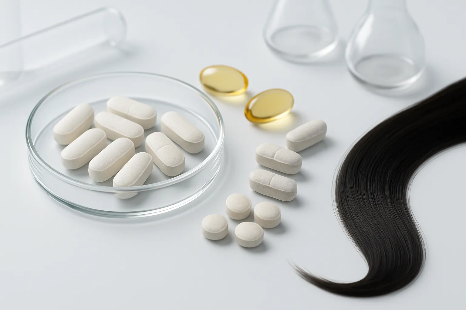 Arranjo científico de suplementos para cabelo incluindo biotina, zinco, ferro e ômega-3, com alimentos ricos em nutrientes capilares ao fundo