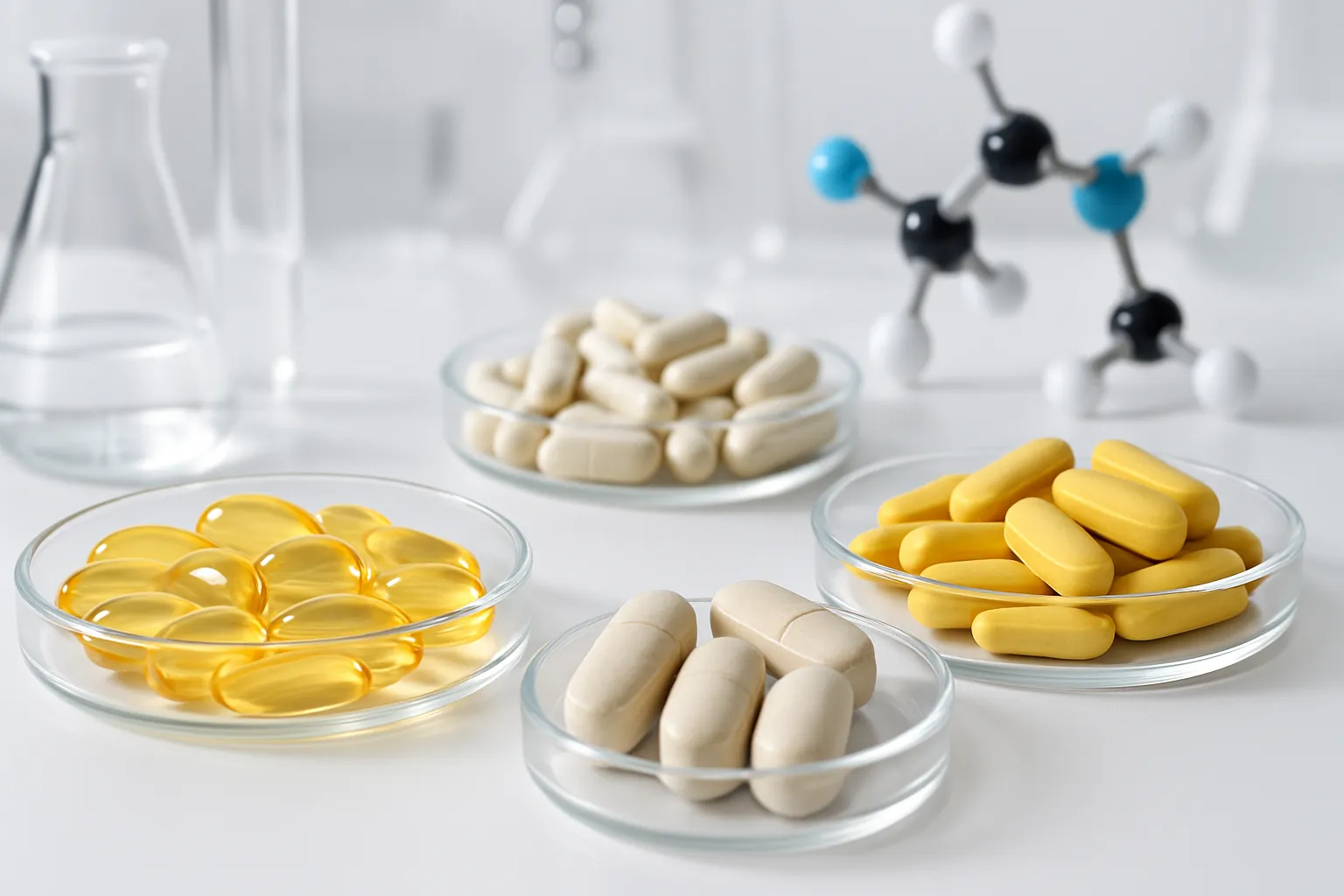 Arranjo científico de suplementos específicos para depressão: vitamina D3, magnésio, complexo B e ômega-3 em apresentação clínica profissional