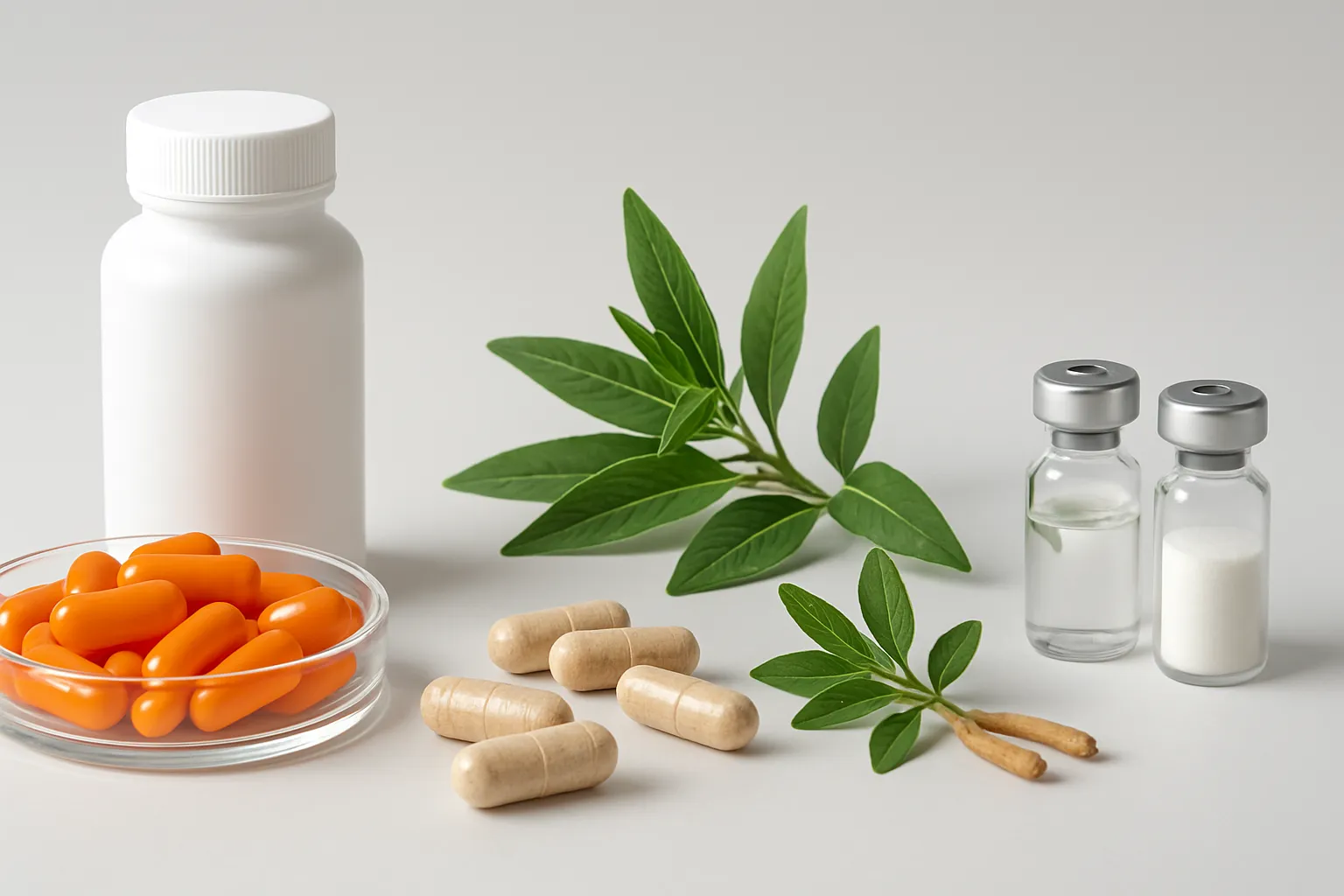 Arranjo científico de suplementos específicos para cortisol: vitamina C lipossomal, L-tirosina, peptídeos bioativos e adaptógenos em apresentação clínica