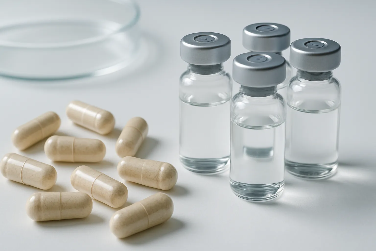 Suplementos Probióticos e GLP-1 para Emagrecimento Cápsulas de probióticos específicos e medicamentos GLP-1 em apresentação científica, mostrando a sinergia entre microbiota e hormônios do emagrecimento