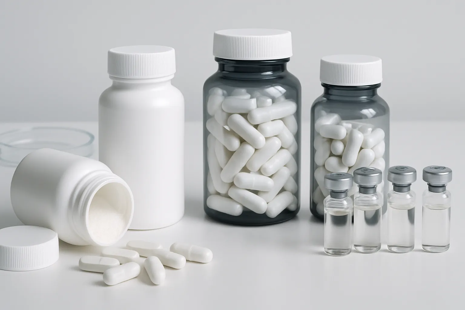 Arranjo científico de suplementos de inositol e produtos para protocolo hormonal de SOP, incluindo frascos de tratamento especializado