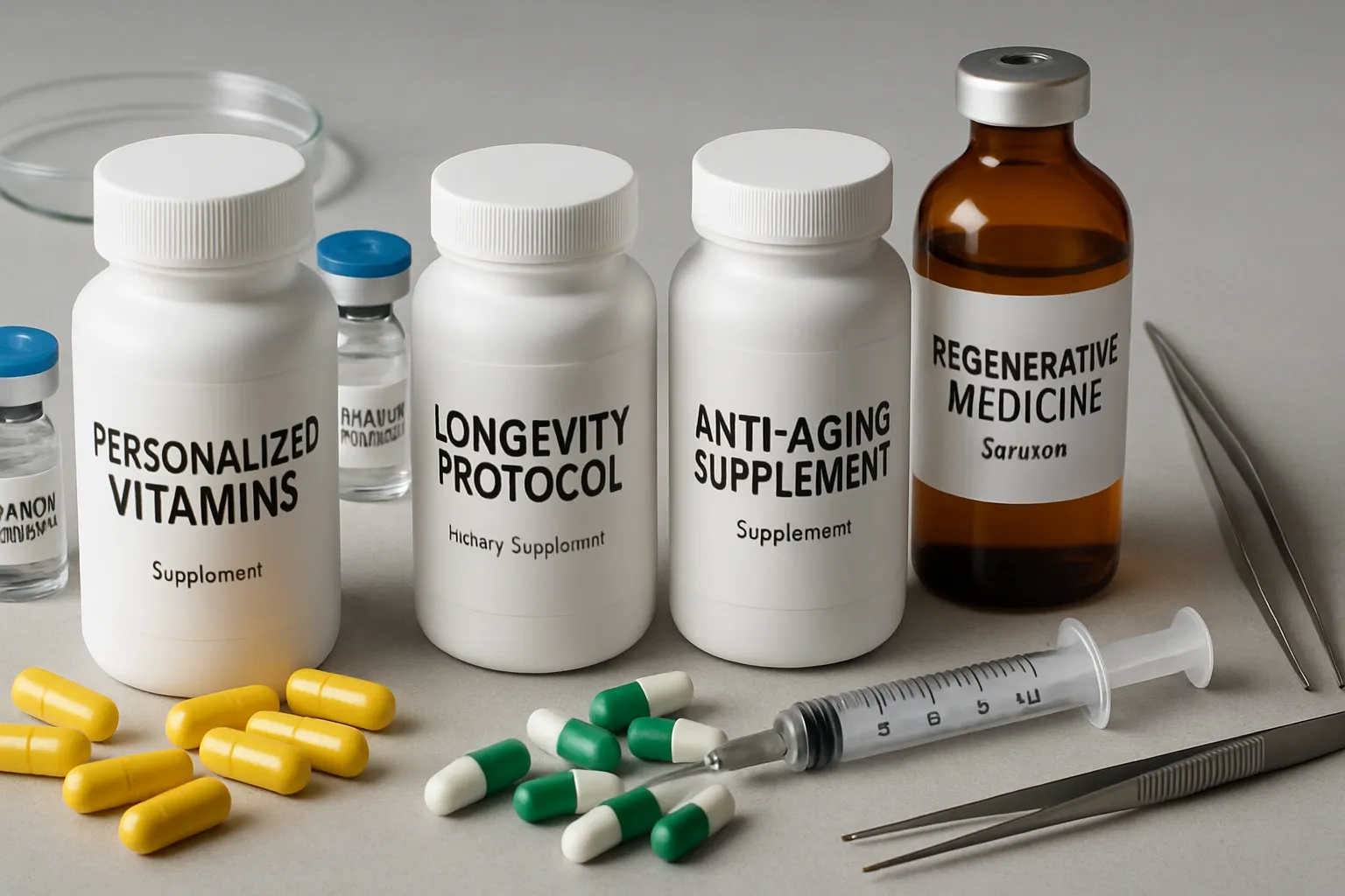 Protocolos e Suplementos Antienvelhecimento Personalizados Conjunto de suplementos, medicamentos e produtos para protocolos antienvelhecimento personalizados dispostos de forma organizada
