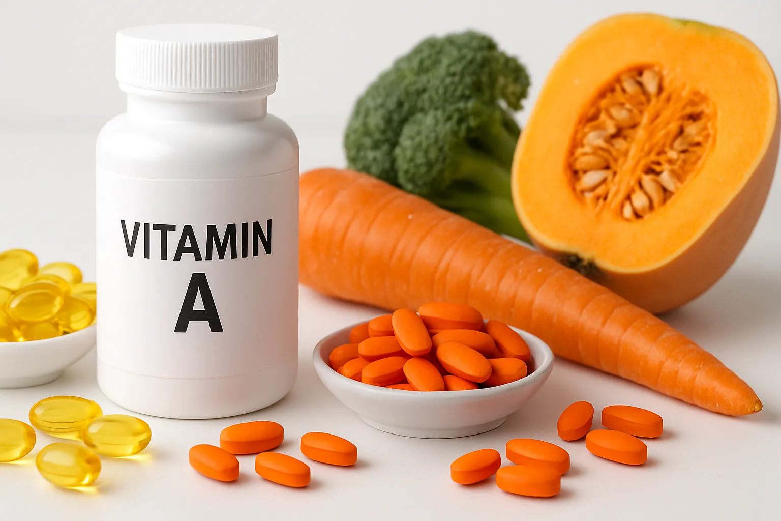 Cápsulas de vitamina A e suplementos de retinol dispostos com fontes naturais do nutriente