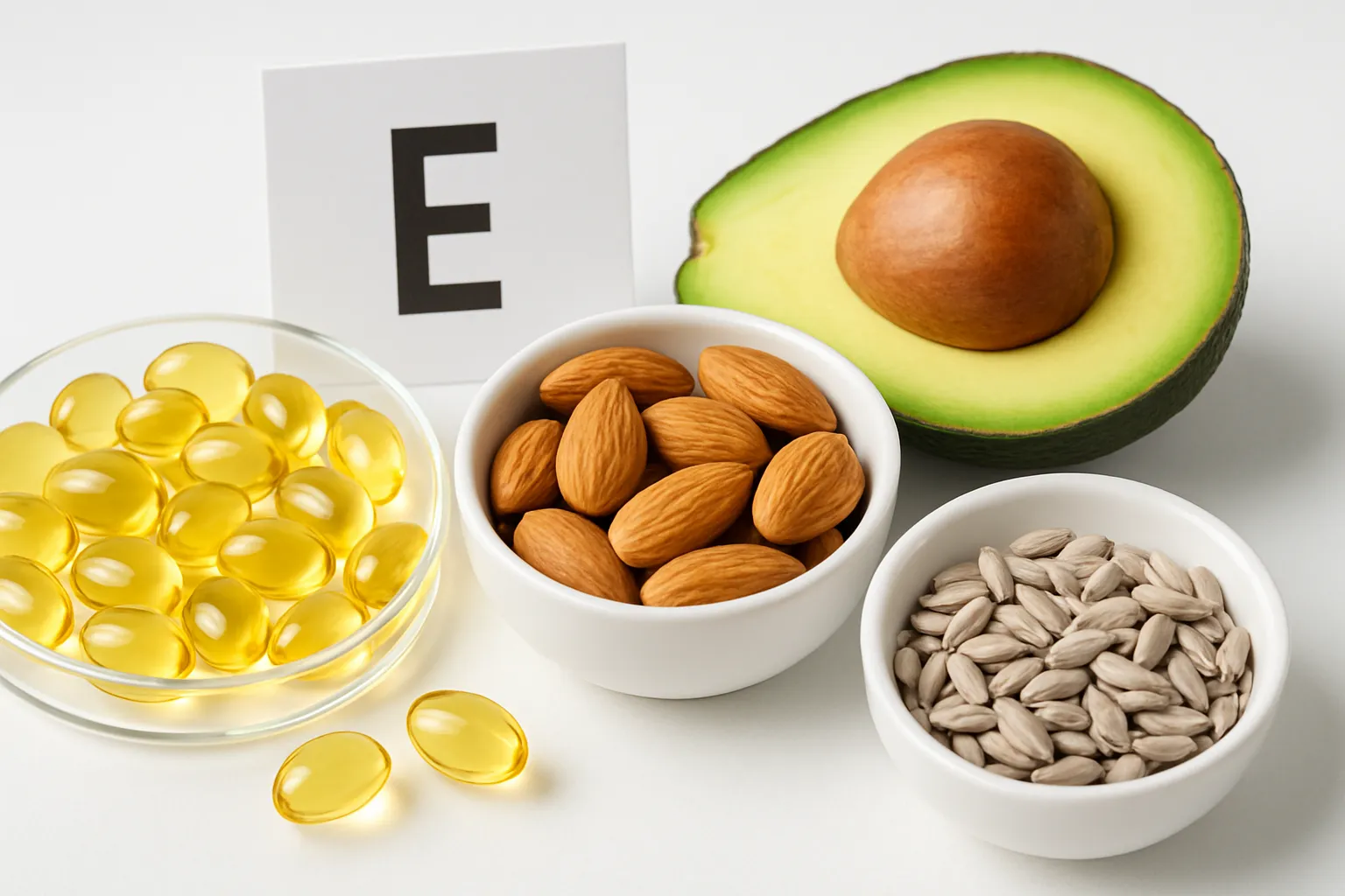 Cápsulas de Vitamina E e Alimentos Antioxidantes Cápsulas de vitamina E ao lado de alimentos ricos em antioxidantes como amêndoas, sementes e abacate