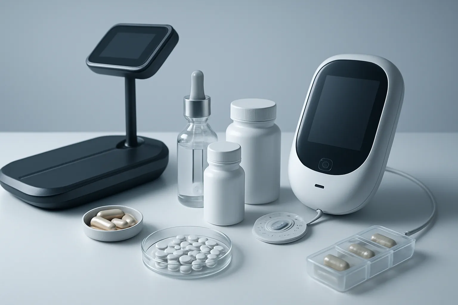 Equipamentos e suplementos avançados de biohacking dispostos cientificamente, representando as ferramentas de alta performance