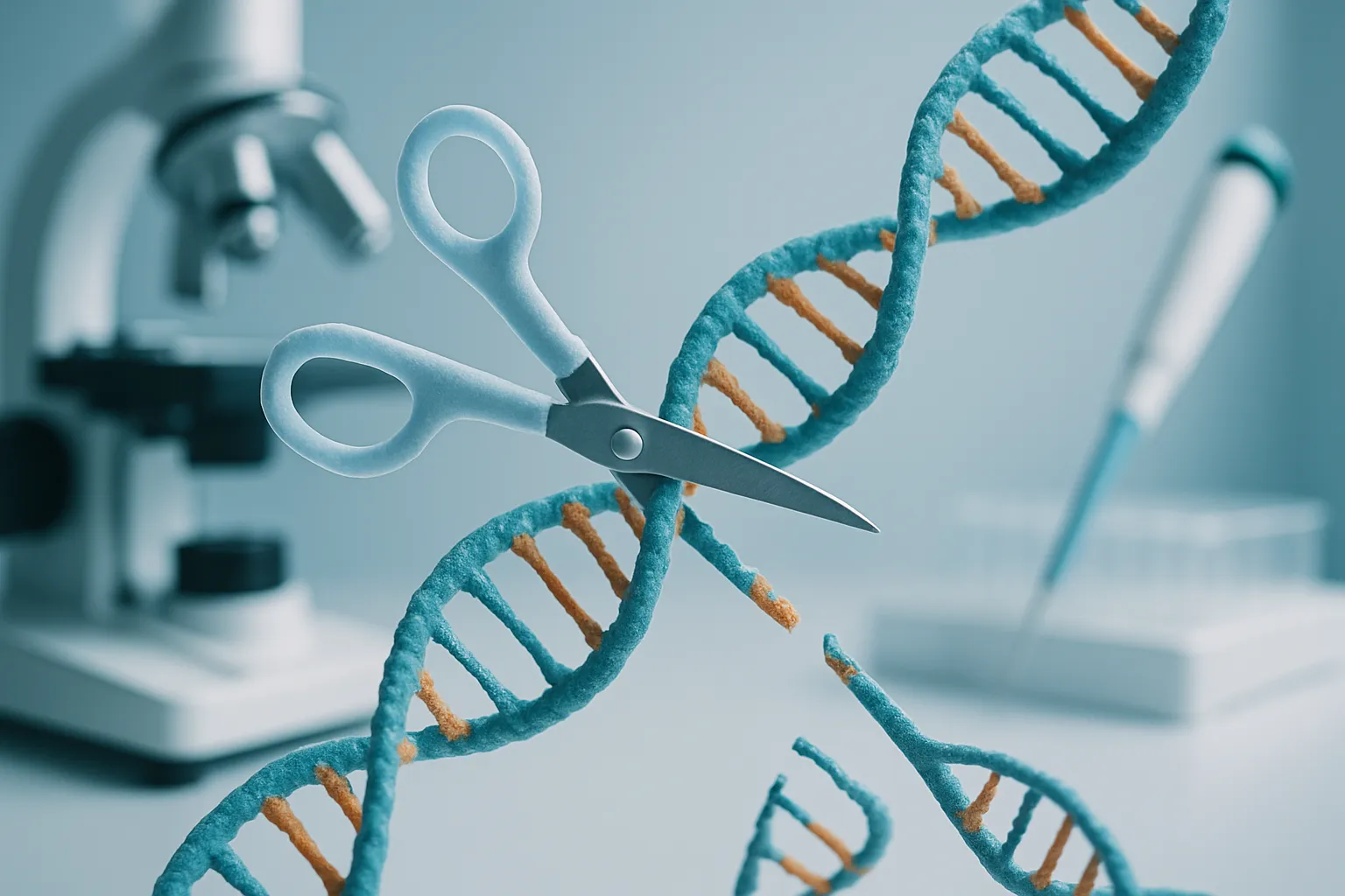 Visualização científica da tecnologia CRISPR mostrando edição genética molecular, DNA e ferramentas de biotecnologia médica