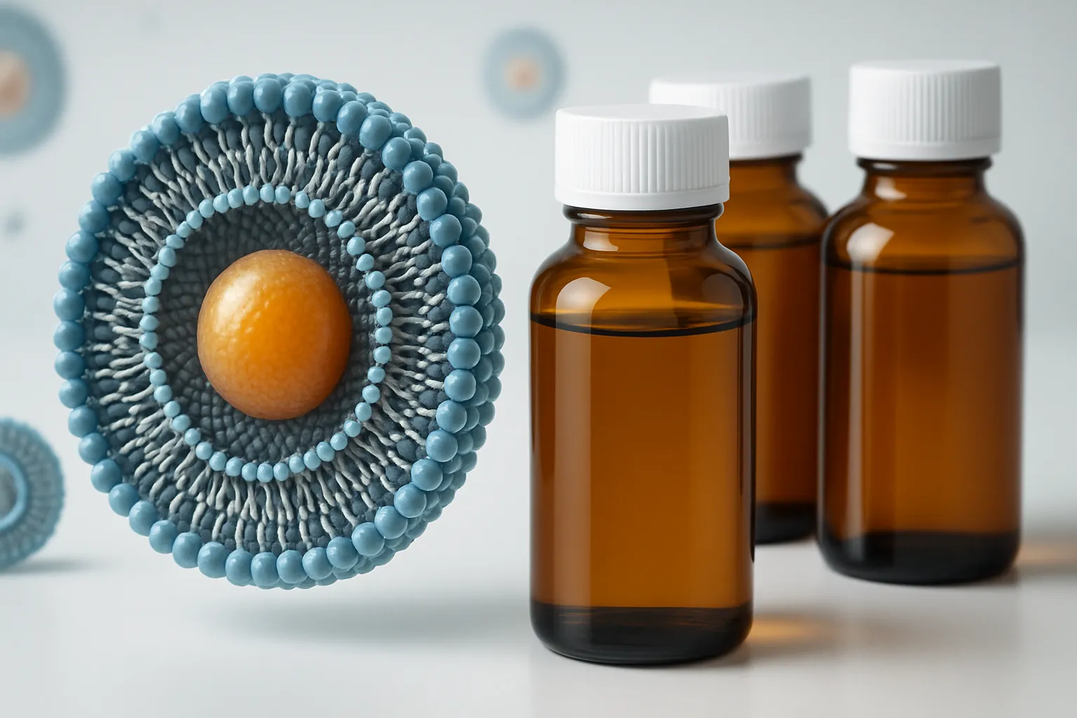 Frascos de vitaminas lipossomais com estrutura molecular visível, demonstrando tecnologia de encapsulação avançada
